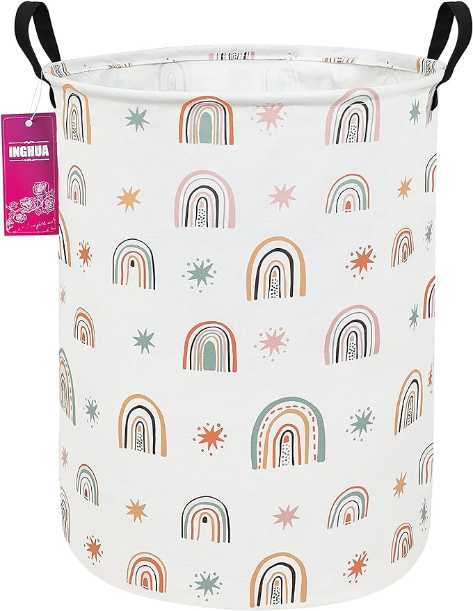 Laundry Hamper Large Canvas Fabric Lightweight Storage Basket/Toy Organizer/Dirty Clothes Collapsible Waterproof for College Dorms, Boys and Girls Bedroom,Bathroom(Star Rainbow)