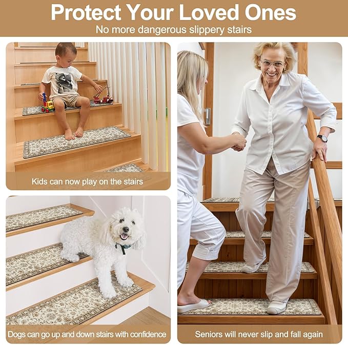 OJIA Vintage Stair Treads Non-Slip Stair Runners for Wooden Steps Indoor 15PCS 30"x8" Carpet Stair Treads Mats Staircase Step Treads for Kids, Elders and Dogs, Stair Covers, Beige