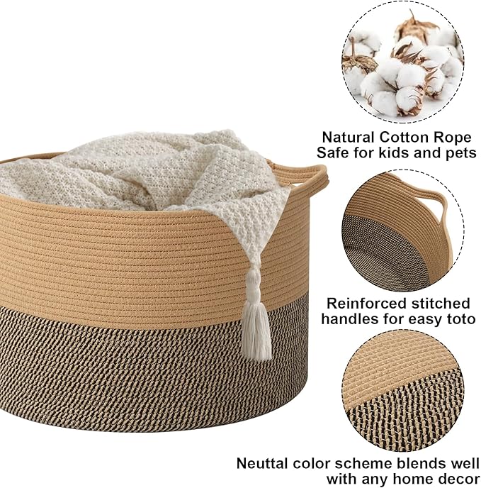 Large Storage Basket with Handle,23.6" x 23.6" x 15.7" Blanket Basket Storage Bins for Organizing,65L Cotton Rope Woven Baskets for Living Room, Nursery,Bedroom,Jute&Black