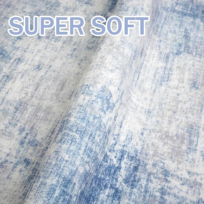 IOHOUZE Abstract Runner Rug 3x18 Ft Washable Runners for Hallways, Non Slip Kitchen Runner Printed Faux Wool Entryway Runner Indoor, Modern Abstract Floor Carpet for Hall Stair, Light Blue White