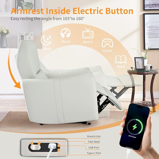 Wall Hugger Power Recliner Chair, Zero Wall Electric Recliner Chairs with USB Port, Space Saving Large Recliner for Living Room, RV, Home Theater