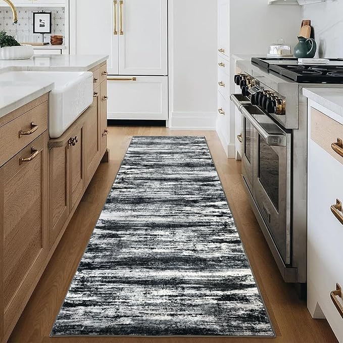 KOZYFLY Modern Abstract Washable Rug Runner 2.6x18 Hallway Rug Runner Non-Slip Soft Stair Runner Rugs, Black Navy Blue Grey Striped Carpet for Kitchen Entryway Bathroom Laundry Room Foyer