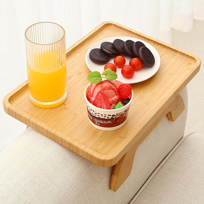 SINWANT Couch Arm Table Tray, Bamboo Sofa Arm Clip on Side Tables, Foldable Arm Rest Table for Home, Couch Arm Tray for Small Spaces Drink Eating Dinner