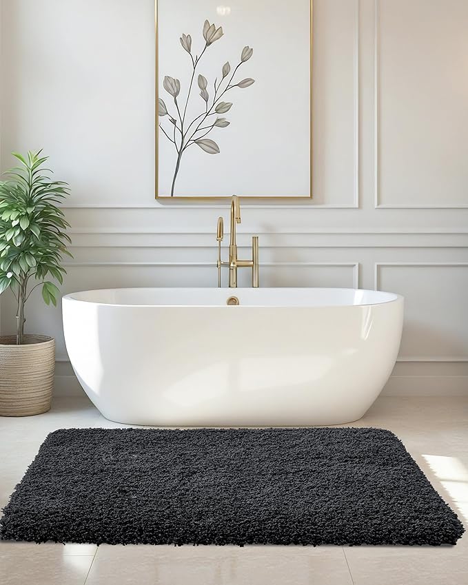 ILANGO Black Bathroom Rugs 60" × 24" Non Slip & Super Absorbent Thick Soft, Washable Bath Carpet Runner for Floor, Microfiber Plush Shaggy Bath Mats with Rubber for Bedroom Bathtub Shower Room