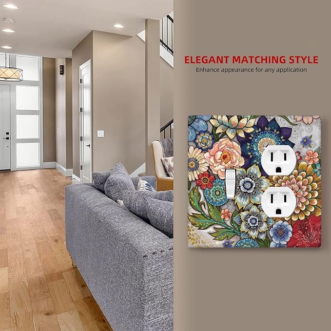 Boho Floral Colorful Floral Multi Color Flower Wallplates 1 Toggle 1 Duplex Switch Plate Electrical GFCI Faceplate Decorative Light Switch Covers for Bedroom Living Room Home Decor