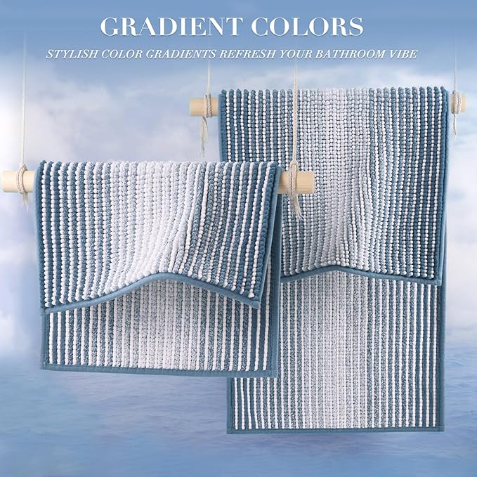 BSICPRO Bathroom Rugs Sets 3 Piece, Toilet Rugs U-Shaped Contour Bath Mat Set, Long Striped Absorbent Non Slip Chenille Shower Mat, Fog Blue