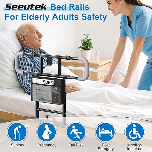 Seeutek Bed Rails for Elderly Adults Safety, Foldable Bed Assist Rails for Seniors, Adjustable Bed Side Rails with Safety Strap & Storage Pocket & LED Light, Fit Queen Twin King Beds