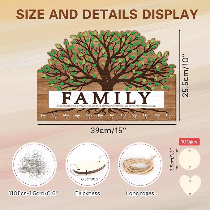KAlRNE Family Birthday Board,Vintage Wooden Reminder Calendar,Rustic Farmhouse Family Tree Wood Wall Art,DIY Birthday Tracker Wall Hanging Plaque,Mother's Day Gift for Mom Grandma