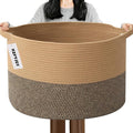 Large Storage Basket with Handle,19.7" L x 19.7" W x 13" H Blanket Basket Storage Bins for Organizing,65L Cotton Rope Woven Baskets for Living Room, Nursery ,Bedroom,Jute&Black