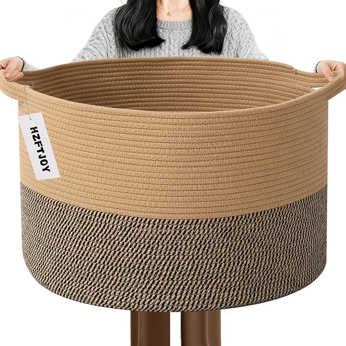 Large Storage Basket with Handle,23.6" x 23.6" x 15.7" Blanket Basket Storage Bins for Organizing,65L Cotton Rope Woven Baskets for Living Room, Nursery,Bedroom,Jute&Black