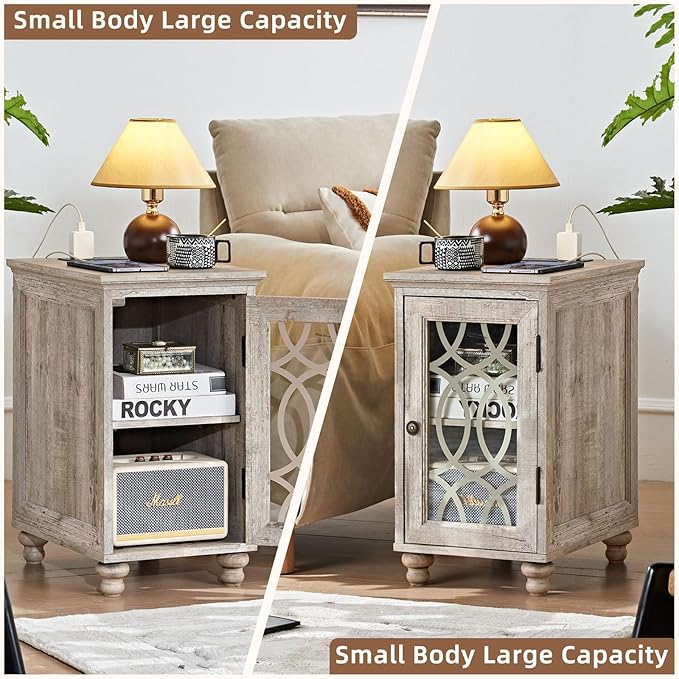 Narrow Side Table with Charging Station Set of 2, Night Stand with Glass Door,Bedside End Tables with Adjustable Shelf Storage Cabinet,Wood Nightstand for Small Spaces Living Room Bedroom