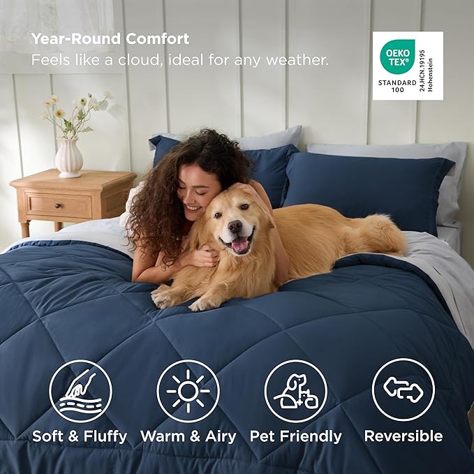Bedsure King Size Comforter Set - 7 Pieces Reversible Navy Bedding, King Size Bed Set for All Seasons, Bed in a Bag with Down Alternative Comforter, Sheets, Pillowcases & Shams