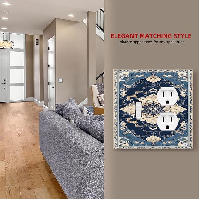 Decorative Outlet Covers Boho Beige Navy Blue Medallion 2 Gang Duplex Light Switch Cover Plate Gfci Wall Plate Plug Switch Plate Covers for Country Bathroom Bedroom Decor