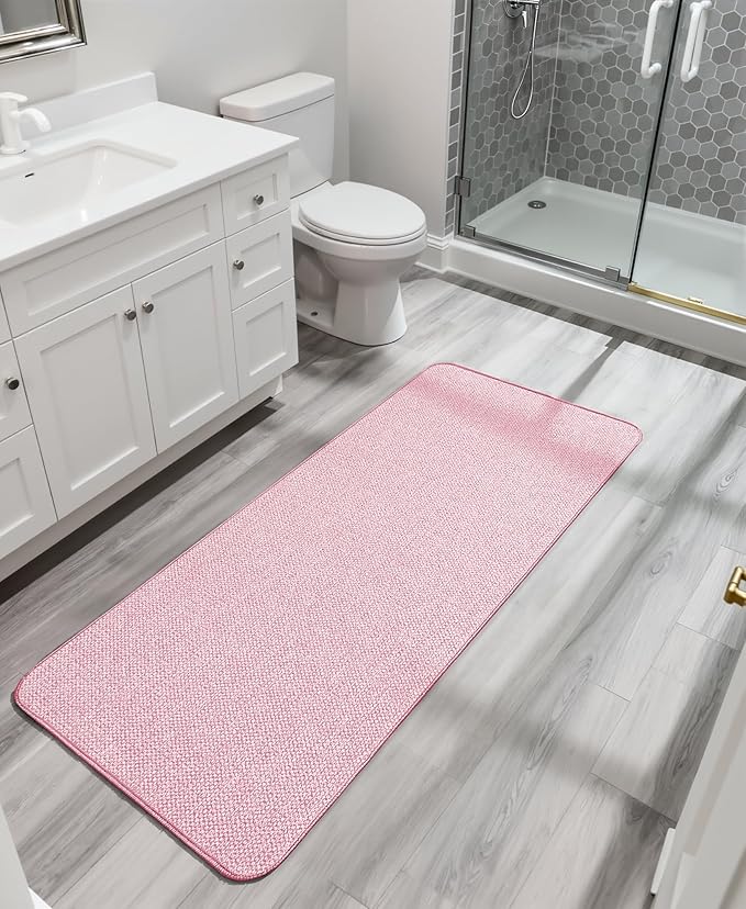 Bath Mat,Ultra Thin Bathroom Runner Rugs,Large Bath Mats for Bathroom,Quick Dry,Non-Slip,Machine Washable,Low Pile,Bath Rug,Shower Outside,Sink,Home Decor Accessories.Pink,1'5"x4'11"（17x59inch）