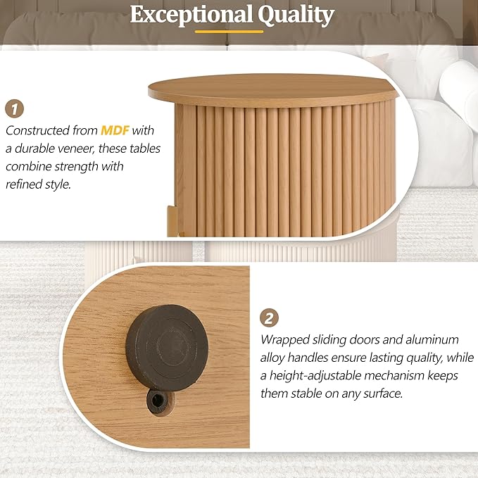 Merax Mid Century Coffee Table Set with Sliding Tambour Door, Round Coffee Table with Storage, Fluted Accent Center Tables for Living Room, Office, Small Space, Natural