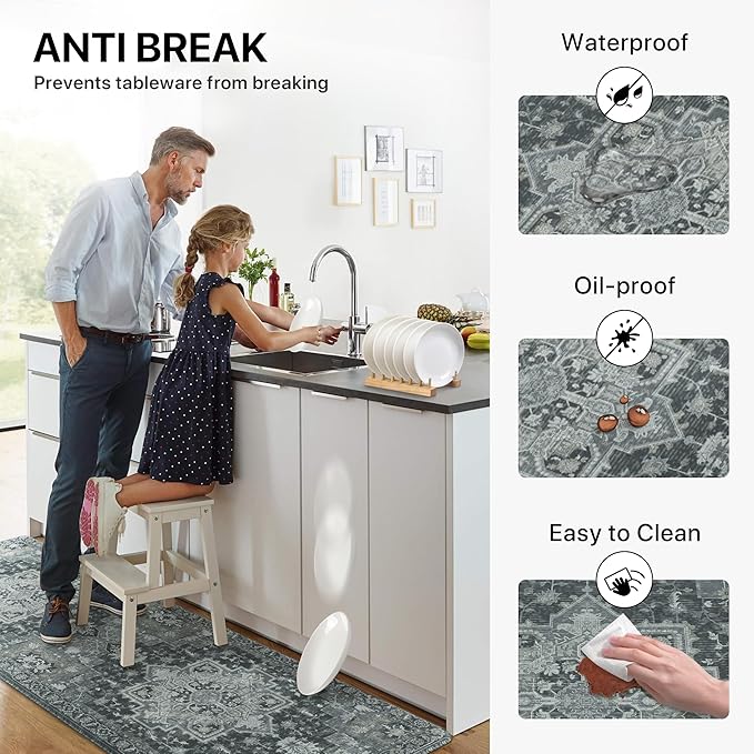 GENIMO Kitchen Mats for Floor 2PCs, Washable Anti Fatigue Mat for Cushioned, 17.3"x47"+17.3"x30", Waterproof Kitchen Rugs, Non Slip Comfort Standing Mat Rug for Home, Sink, Laundry, Dark Gray