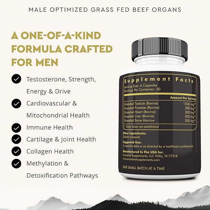 Ancestral Supplements Mofo, Supplements for Men, Support for Energy Levels and Overall Men's Health and Wellness, Non-GMO Grass Fed Beef Organ Supplement with Liver, No Fillers, 180 Capsules