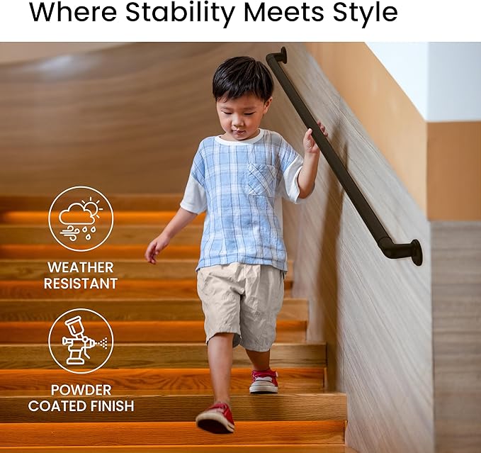 Meranti Aluminum Handrail for Stairs - ADA Compliant Wall Returns - Handrails for Indoor Stairs - Metal Handrail, Powder Coated for Outdoor Environment, DIY Handrail Kit (WHR, Bronze Textured, 3' L)