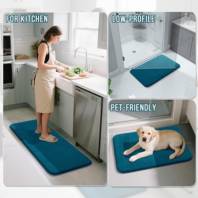 Yimobra Memory Foam Bath Mat Set 2 Piece - Super Soft Absorbent Quick Dry Bathroom Toilet Rugs, Machine Washable Non Slip Floor Carpet for Tub Shower & Single Sink (31.5x20 & 24x20, Peacock Blue)