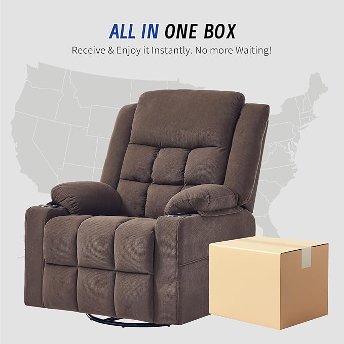 Swivel Recliner Chair for Adults with Massage and Heat,Manual Glider Rocking Recliner Chair with Cup Holds and Pockets,Reclining Rocker Chairs for Living Room R8811(Cocoa)