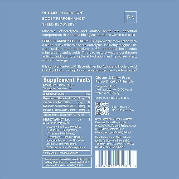 BodyHealth PerfectAmino Electrolyte Drink Mix – Passion Fruit – No Sugar, Keto & Fasting Friendly, Hydration with Trace Minerals – Stick Packs