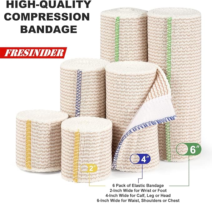 FRESINIDER Premium Elastic Bandage Wrap, 6 Pack (2x2, 2x4, 2x6) Cotton Compression Bandage with Touch Closure at Both Ends, Support & First Aid, Medical, and Injury Recovery