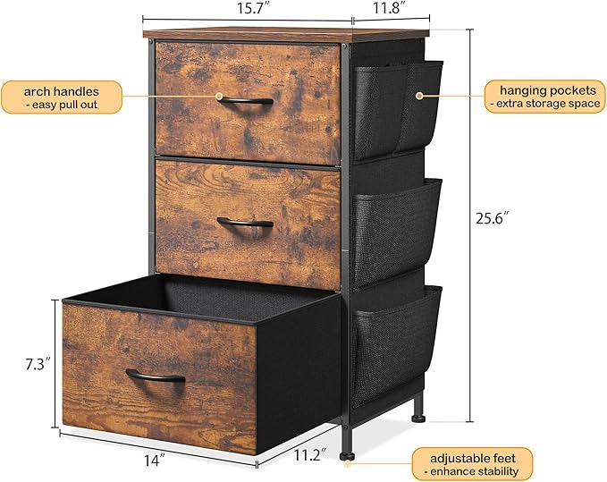 EnHomee Tall Nightstand,Night Stand with Drawers for Bedroom,Bedside Table with Wooden Top,Sturdy Steel Frame End Table,Dorm Small Nightstand for Bedroom,Entryway,Closet,Cloth Bags,Rustic Brown