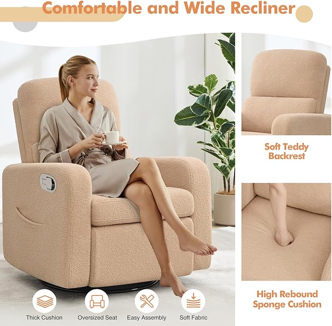 Swivel Rocker Recliner, Oversized Manual Boucle Nursery Glider Rocking Recliner Chair with Removable Cushion, Upholstered Swivel Reclining Chair for Nursery Living Room Bedroom,Teddy Camel