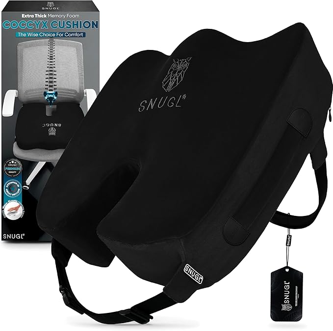 SNUGL Seat Cushion for Tailbone & Back Pain Relief – Orthopedic Memory Foam Coccyx Pillow for Office, Desk & Gaming Chairs – Sciatica & Lower Back Pain Relief, Long Sitting Comfort (Regular Black)