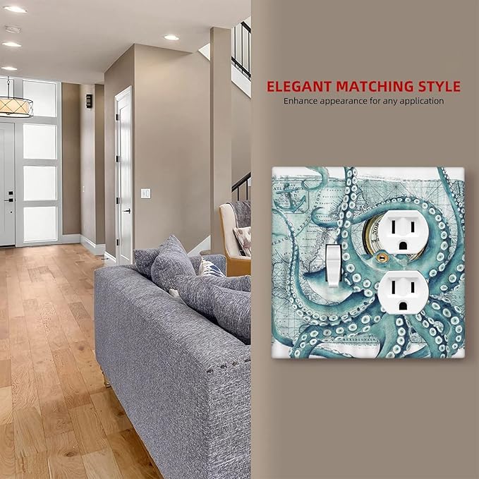 Octopus Nautical Kraken Compass Anchor Decorative Light Switch Cover Plate 1 Toggle/1 Duplex Outlet Covers 2 Gang Combo Gfci Wall Plate Electrical Receptacle Switchplate for Bathroom Decor