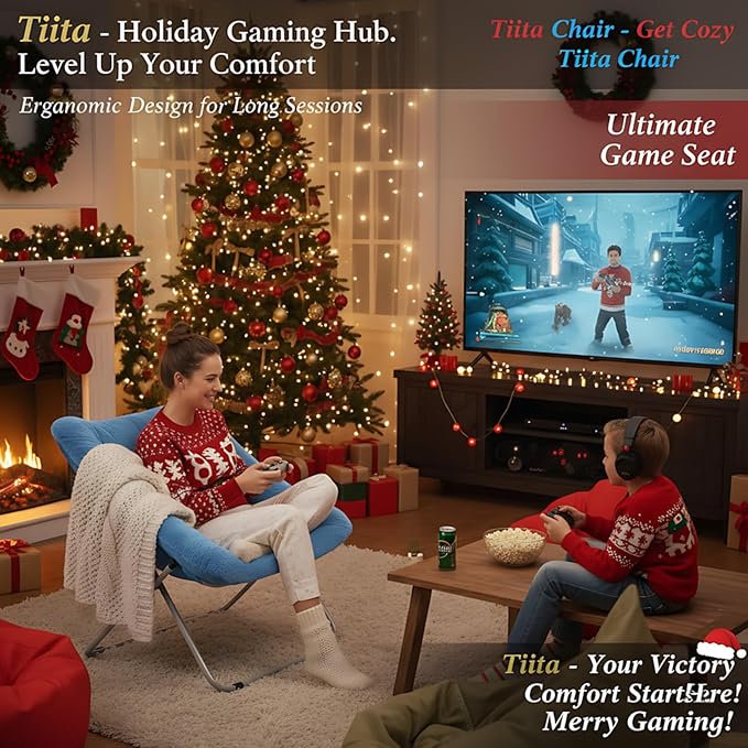 Tiita Comfy Saucer Chair, Soft Faux Fur Oversized Folding Accent Chair, Lounge Lazy Chair for Kids Teens Adults, Metal Frame Moon Chair for Bedroom, Living Room, Dorm Rooms, X-Large, Blue