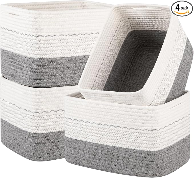 4 Pack Storage Baskets for Organizing, 13"X9"X7.87", Decorative Cotton Rope Baskets with Wave-Patterned Embroidery for Shelves, Small Woven Basket for Toys, Books and Towels, Grey & White