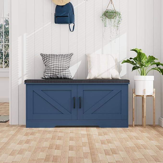 2-Tier Storage Bench, 39.4" Wide Shoe Bench with Padded Seat Cushion, Entryway Bench with 2 Barn Doors and Adjustable Shelf, Blue