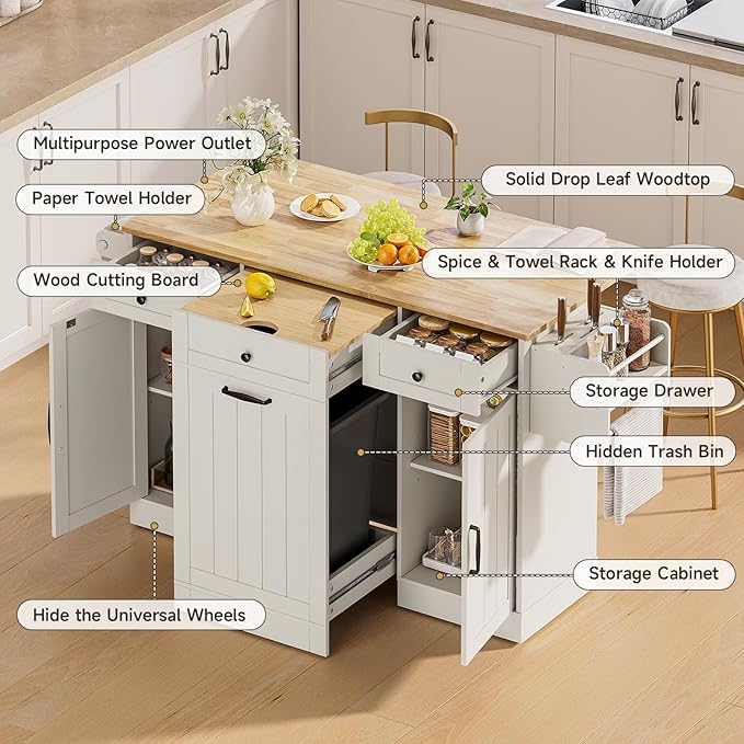ONBRILL 61" Kitchen Islands with Movable Wood Cutting Board & Trash Storage Cabinets, Rolling Island Cart with Drop Leaf & Power Outlet, Dining Table with Spice & Towel Rack & Knife Holder, White