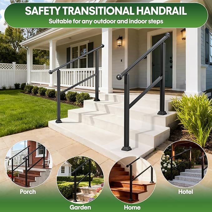 4-Step Outdoor Stair Handrail Kit, Heavy Duty Aluminum Alloy Adjustable Height with Powder Coated Black Metal Finish Complete Installation Hardware & Tools Included for Concrete Porch Deck Brick