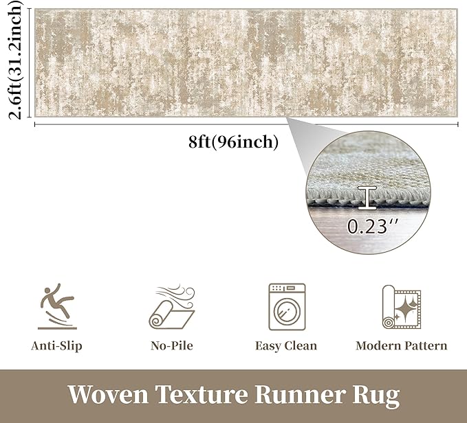 Kitchen Rugs Ultra Non-Slip 2.6x8 Washable Runner Rug Abstract Tear and Stain Resistance No Pile Lightweight Runners for Entryway, Hallway, Walkway, Bedside, Entrance, Beige/Yellow
