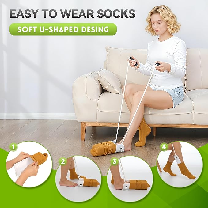Sock Aids for Putting On Socks Kit - (Sock Helper + 36 Inch Dressing Stick with Sock Remover & Shoe Horn) - Flexible Sock Assistant Device for Seniors & Limited Mobility No Bending