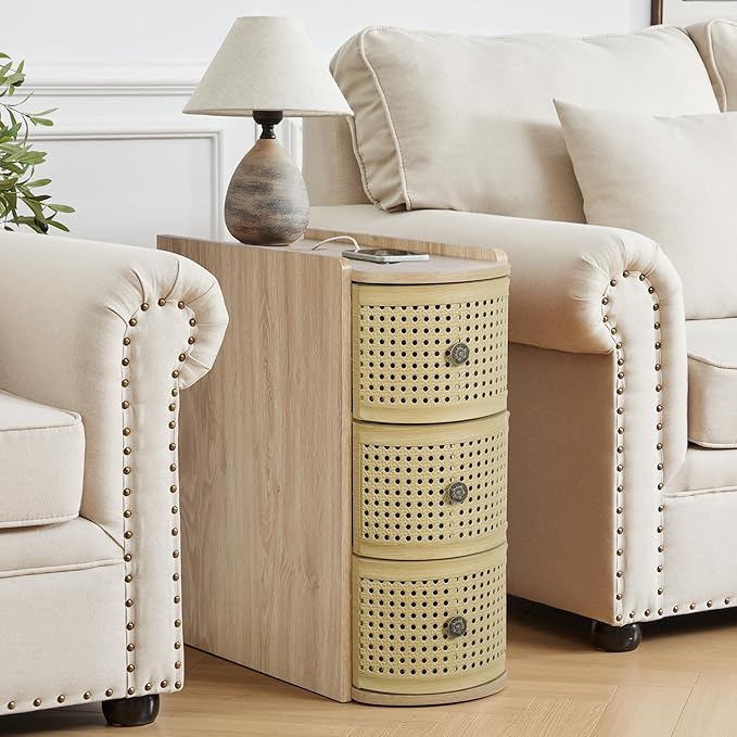 Metal Rattan Narrow End Table with Charging Station Set of 2, Boho Side Table with Drawers Storage, Small Night Stand with Power Outlets and USB Ports, Sofa Side Table for Living Room - Natural