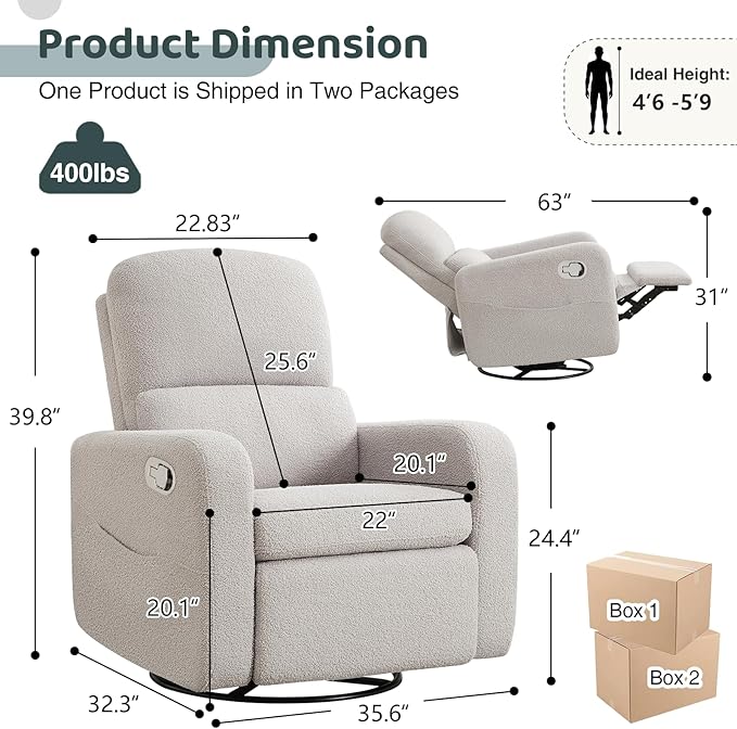Swivel Rocker Recliner, Oversized Teddy Manual Nursery Glider Rocking Recliner with Removable Cushion, Upholstered Boucle Swivel Reclining Chair for Nursery Living Room Bedroom, Teddy Gray