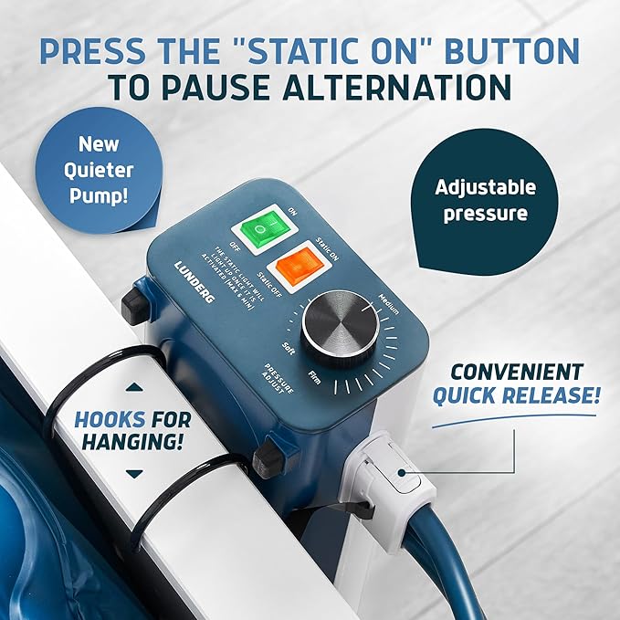 Lunderg Queen Size Alternating Air Pressure Mattress Pad with Static Mode - Comfortable Bed Sore Prevention - Includes Waterproof Mattress Topper 53" x 77" & Quiet Pump - Recommended by Doctors