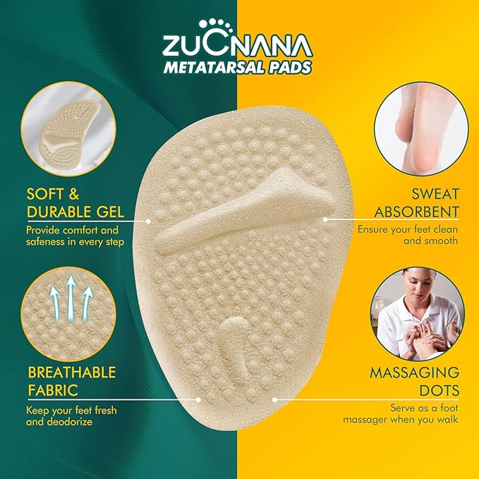 Ball of Foot Cushions (Beige) | Metatarsal Pads for Women (6 Pairs Foot Pads) | Reusable Shoe Inserts for Pain Relief | Non-Slip Heel Cushion Inserts Best for Neuroma and Callus