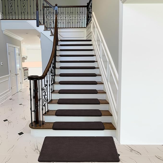 PURE ERA Carpet Stair Treads Ultra Plush 9.5" X 30"Soft Bullnose Indoor Stair Protectors Pet-Friendly Non-Slip Skid Resistant Tape Free Washable Reusable(7 Pieces,Dark Brown)
