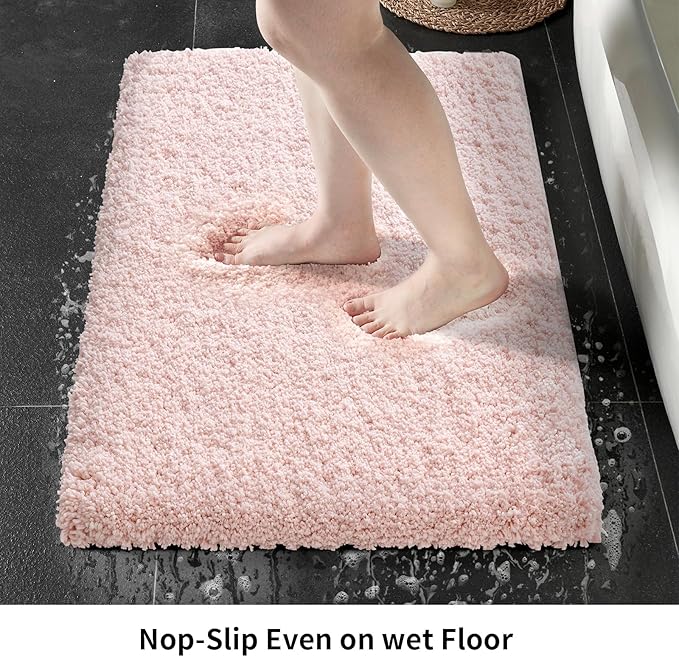 Bathroom Rug 20x32 Non Slip Fluffy Pink Bath Mat for Bathroom Floor Washable Plush Luxury Bath Rug for Tub Soft Shaggy Absorbent Shower Sink Mat