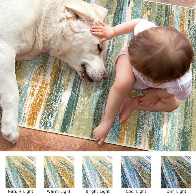 Modern Abstract Runner Rug 3x10, Green Teal Mustard Washable Kitchen Runner Non-Slip Soft Hallway Rug Runner Thin Print Faux Wool Carpet for Entryway Bedroom Indoor Home Office Decor