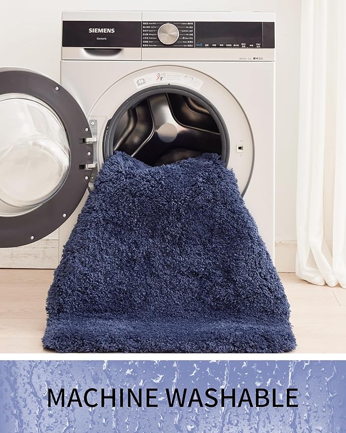 Bathroom Rugs 48x24, Ultra Thick Shaggy Soft Microfiber Absorbent Bath Rug, High Density Foam Latex Non Slip Backing, Machine Washable Bath Mats for Bathroom Floor & Sink, Navy Blue