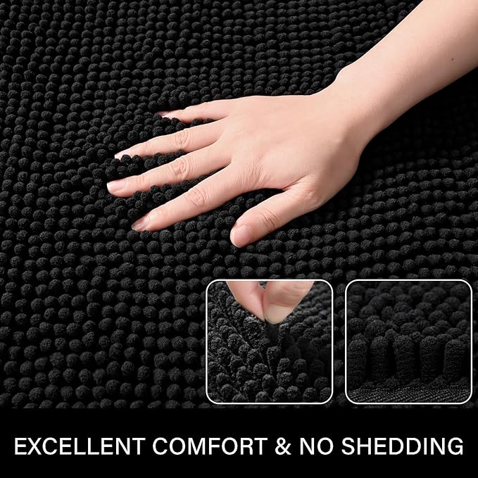 LOCHAS Luxury Bathroom Rug Shaggy Bath Mat 20 x 30 Inch, Washable Non Slip Bath Rugs for Bathroom Shower, Soft Plush Chenille Absorbent Carpets Mats, Black