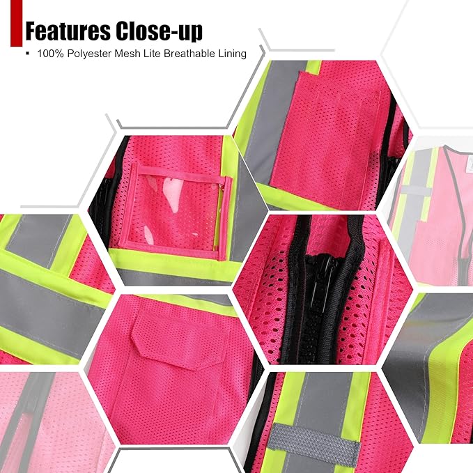 Reflective Safety Vest for Men Women Hi Vis Vest with Pockets High Visibility Vest Mesh Construction Vests Meets ANSI/ISEA Standards (Pink-33, 2X-Large)