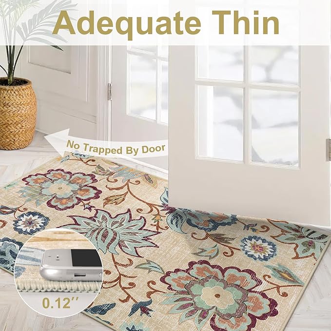 Beeiva Floral Carpet Runners for Hallway 8ft, Hallway Washable Kitchen Runner Rug Non Slip, Ultra Thin Vintage Plant Carpet Rugs with Low Pile for Kitchen Bathroom (Cream,2'x8')