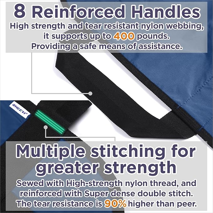 Multipurpose 48" x 40" Positioning Bed Pad with Reinforced Handles - Reusable & Washable Transfer Sheet for Turning, Lifting & Repositioning - Double-Sided Nylon Fabric, Navy Blue