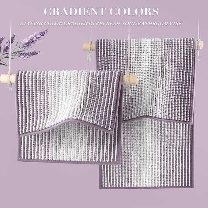 BSICPRO Bathroom Rugs Sets 3 Piece, Toilet Rugs U-Shaped Contour Bath Mat Set, Long Striped Absorbent Non Slip Chenille Shower Mat, Lavender Purple